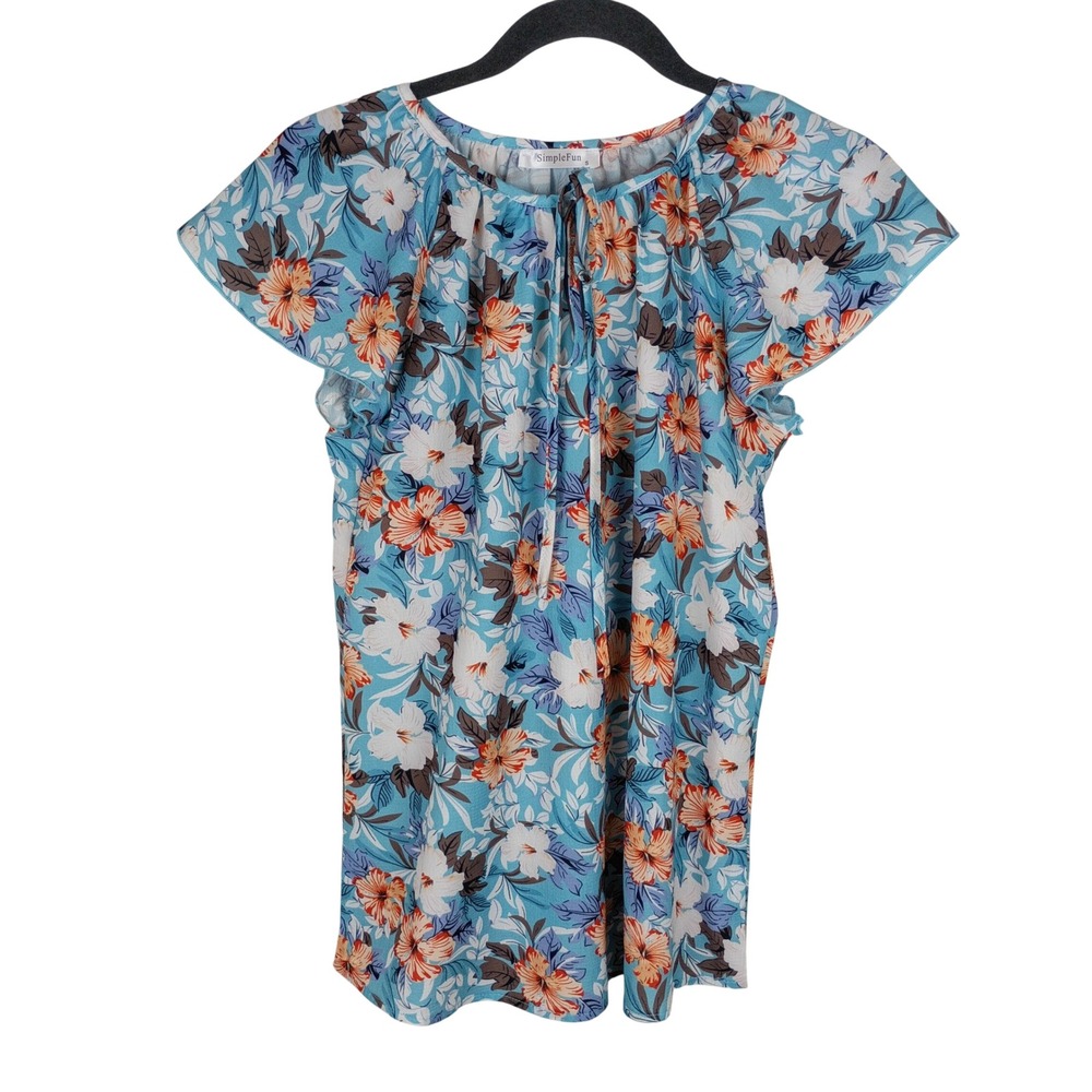 SimpleFun Womens Blue Tropical Floral Flutter Sleeve Blouse Top Size Small